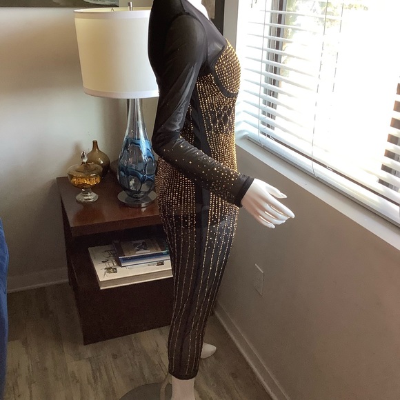 Sheer Gold-Beaded Long-Sleeve Midi Dress - Picture 2 of 10